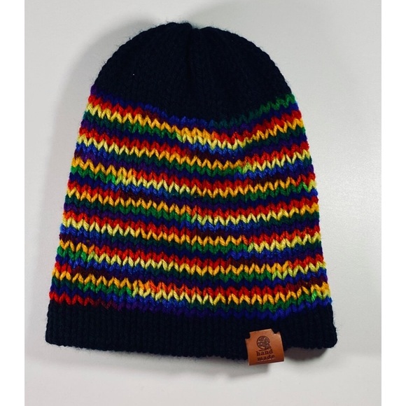 Hand made Black and rainbow reversible beanie - Picture 2 of 4